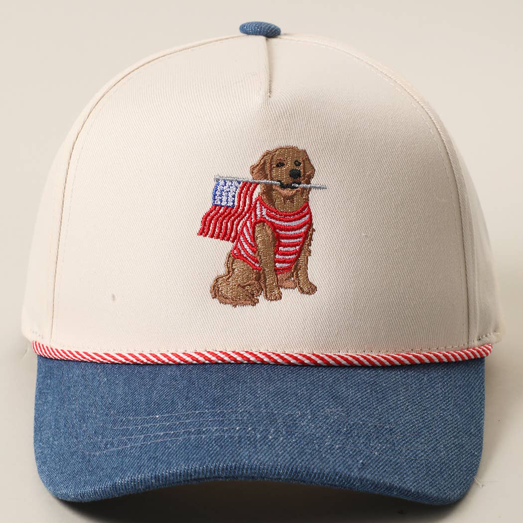 Golden Retriever Holding USA Flag Hat