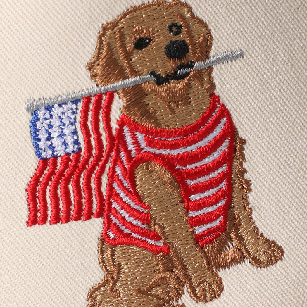 Golden Retriever Holding USA Flag Hat