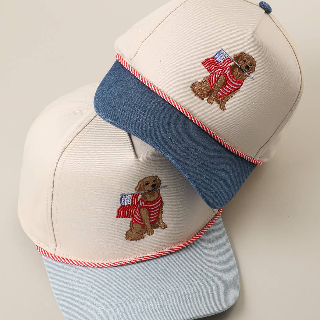 Golden Retriever Holding USA Flag Hat