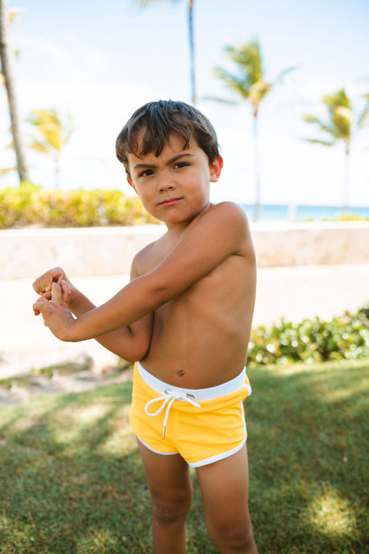 Mini Alex boys swim shorts in water safety yellow