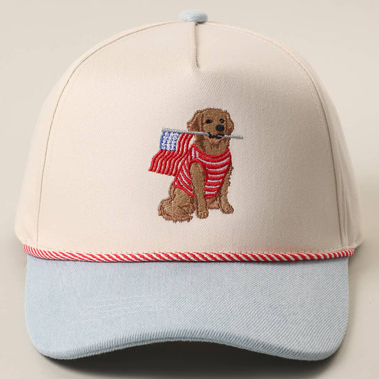 Golden Retriever Holding USA Flag Hat