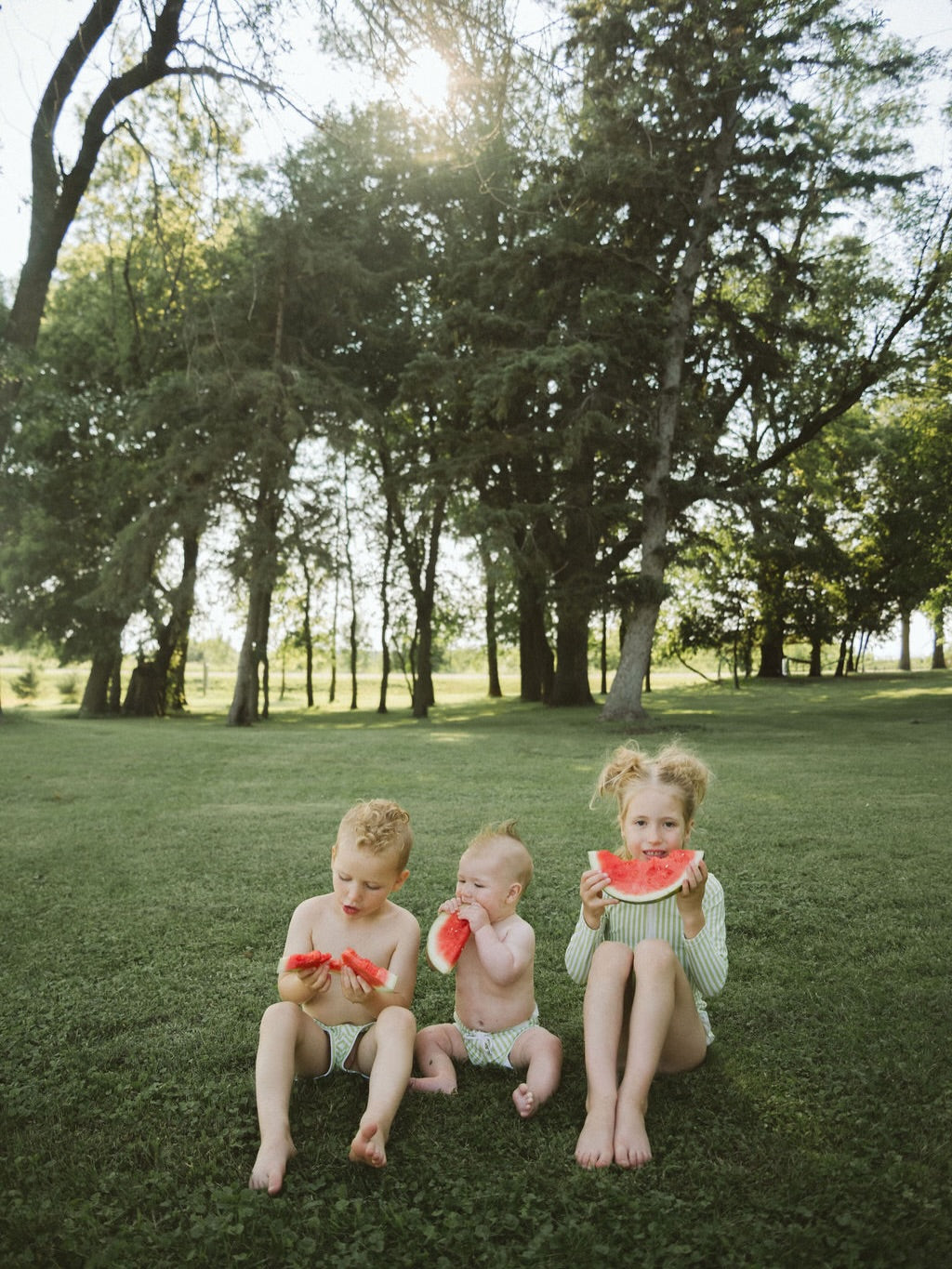 Three children sitting on a grassy lawn in a park, with trees and bright sunlight in the background. The child on the right is holding a slice of watermelon.